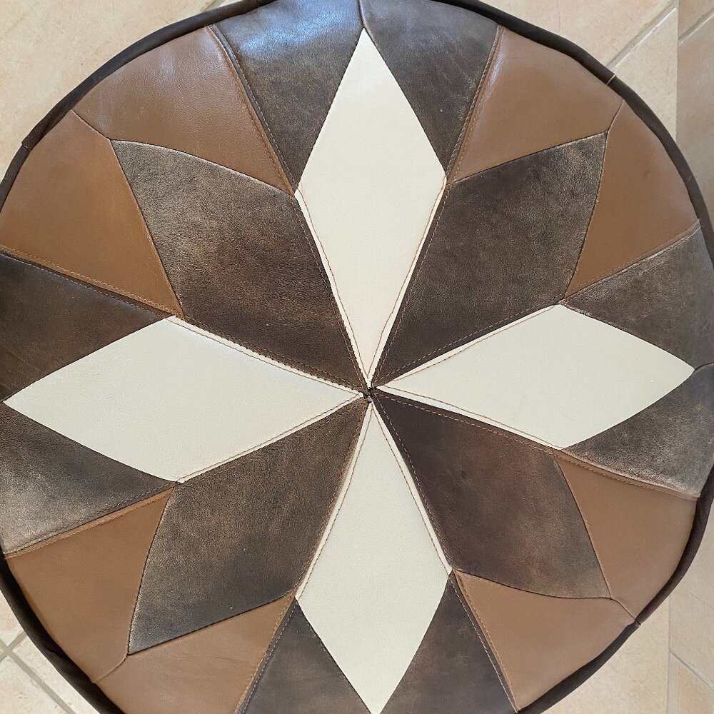 Round Leather Pouf Ottoman - Picture 3 of 7